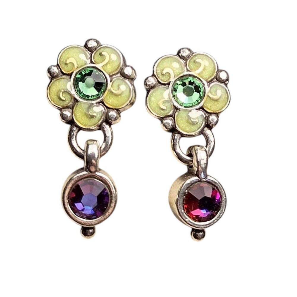 Brighton Garden of Eden Green Flower Watermelon Crystal Earrings Silver Plate